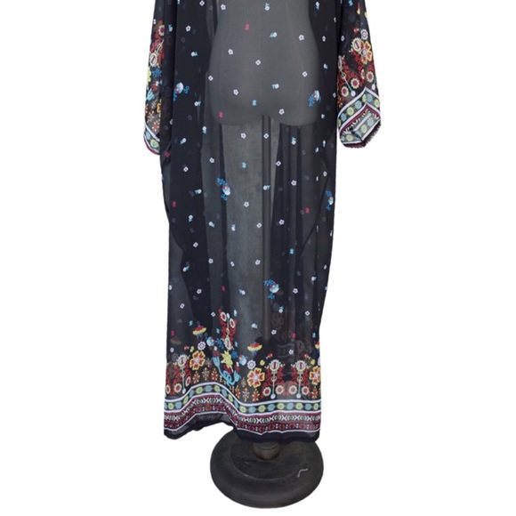 Boho Chic Black Floral Kimono Beach Coverup - Picture 15 of 16